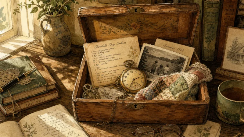 An artistic watercolor of an open wooden keepsake box on a desk, overflowing with a pocket watch, a recipe card, and a family photo.