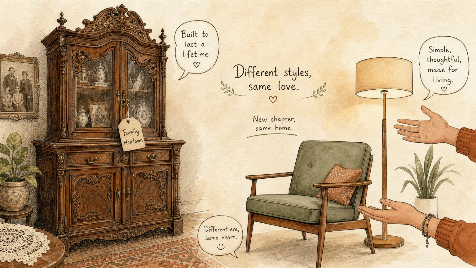 An editorial illustration comparing a heavy antique cabinet labeled 'Family Heirloom' with a sleek modern chair.