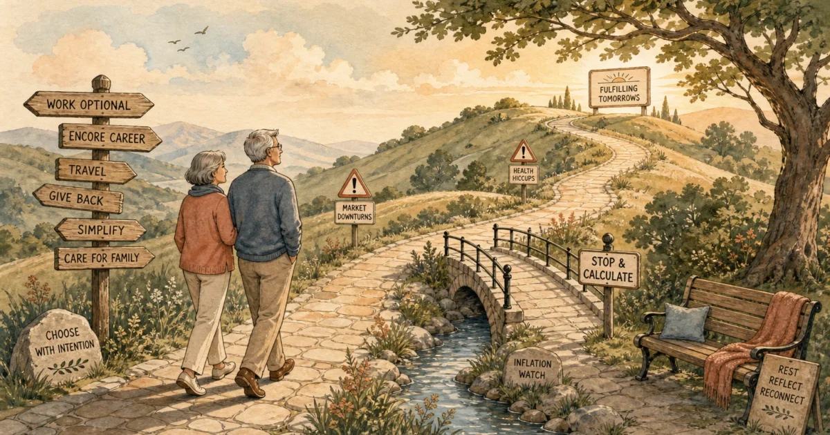An editorial illustration of an older couple walking along a scenic path with thoughtful signposts, symbolizing navigating retirement.