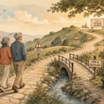 An editorial illustration of an older couple walking along a scenic path with thoughtful signposts, symbolizing navigating retirement.
