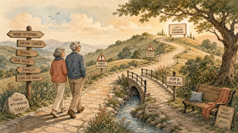 An editorial illustration of an older couple walking along a scenic path with thoughtful signposts, symbolizing navigating retirement.