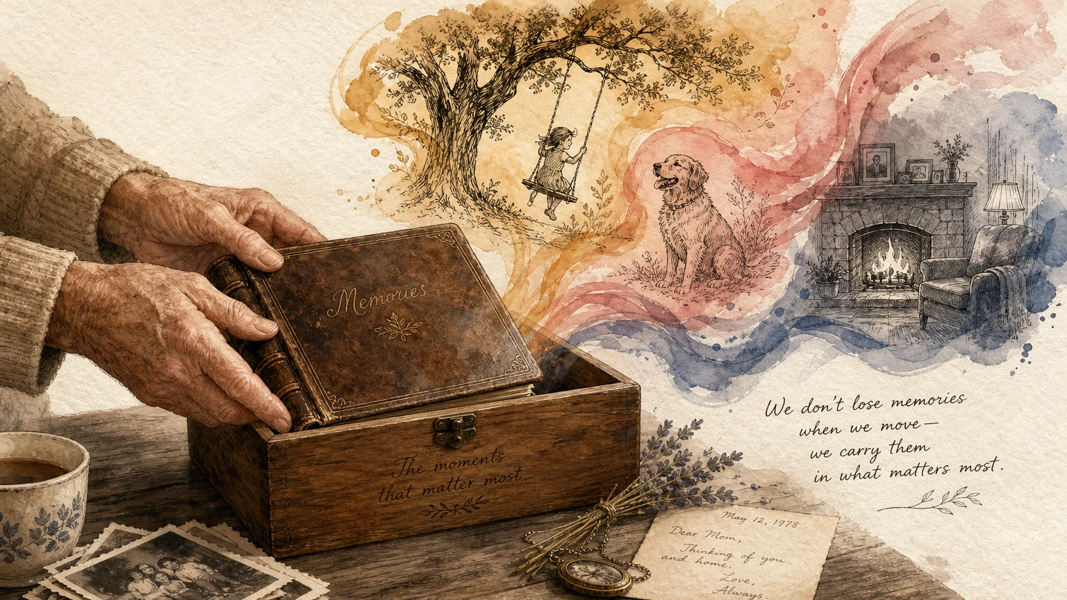 An editorial illustration of hands packing a photo album into a keepsake box, with whimsical watercolor memories floating above.