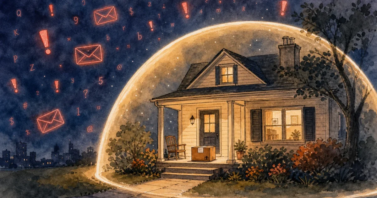 An editorial ink and watercolor illustration of a warm, lit home protected by a glowing shield from digital warning signs in the sky.