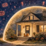 An editorial ink and watercolor illustration of a warm, lit home protected by a glowing shield from digital warning signs in the sky.