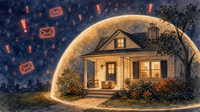 An editorial ink and watercolor illustration of a warm, lit home protected by a glowing shield from digital warning signs in the sky.