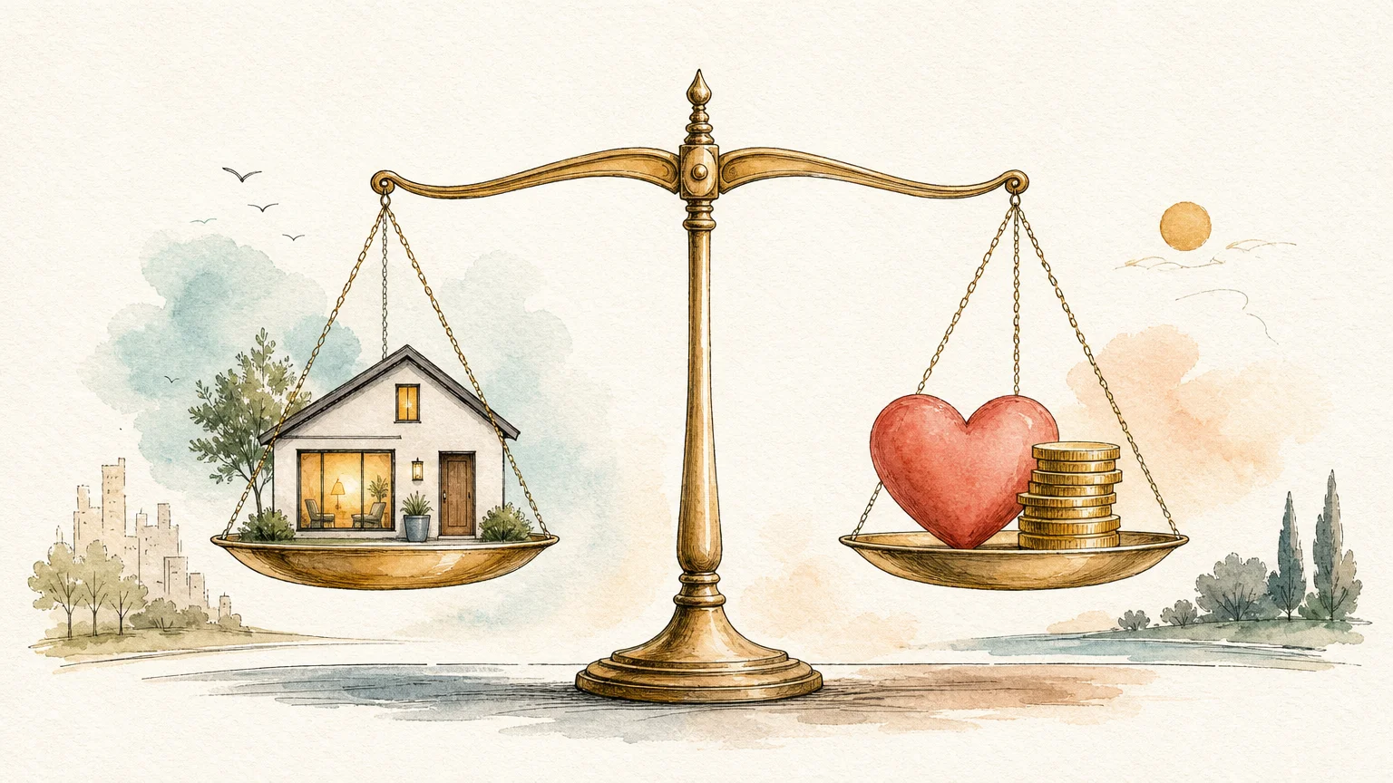An editorial watercolor illustration of a balance scale holding a small cozy house on one side, and a heart and coins on the other.