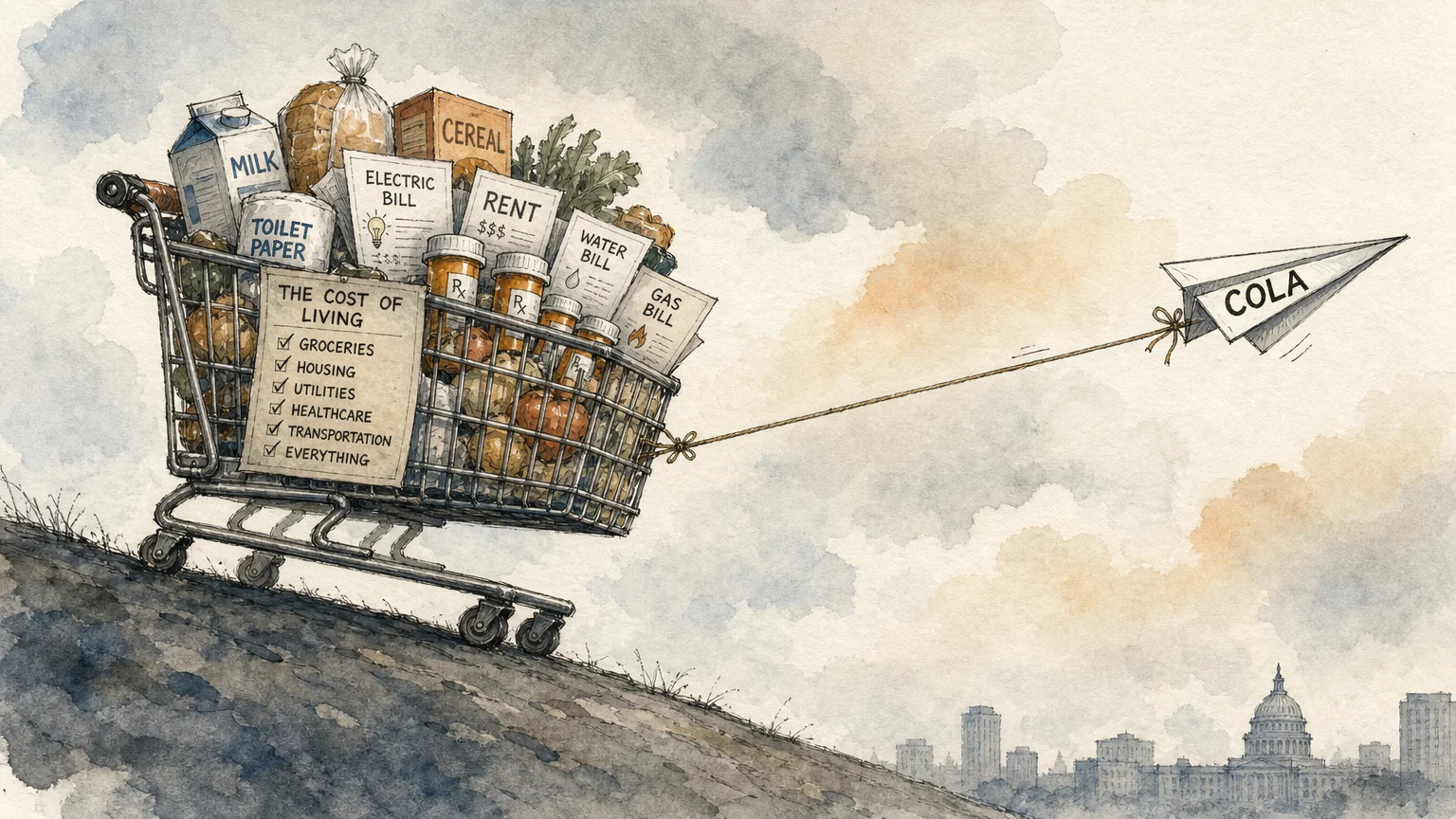 An editorial watercolor illustration of a tiny paper airplane labeled COLA trying to pull a heavy shopping cart filled with daily expenses.