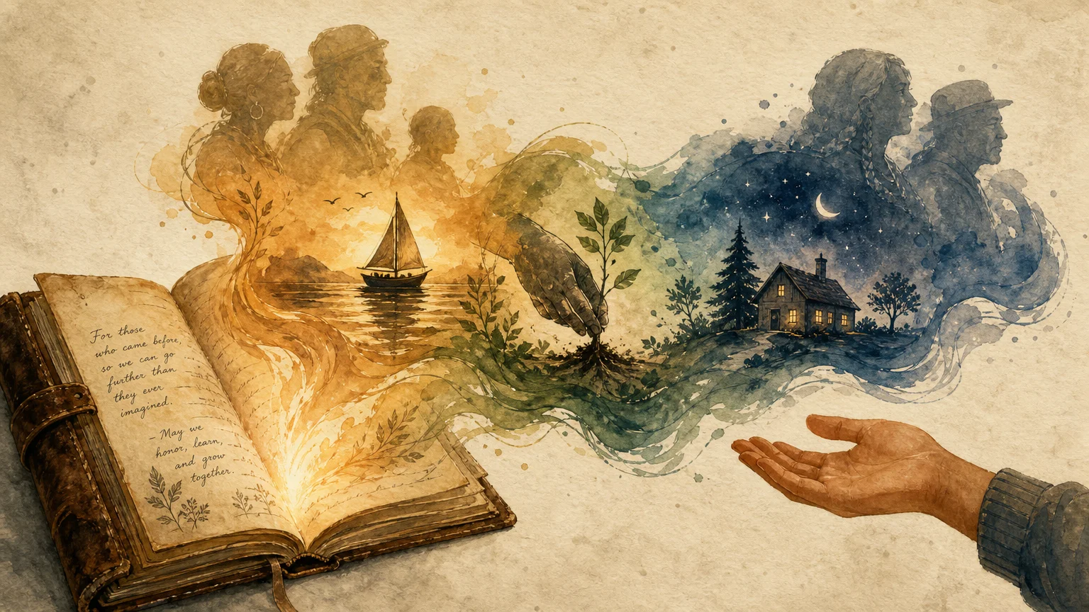 An editorial watercolor illustration of memories and life stories flowing out of an open journal toward a waiting hand.