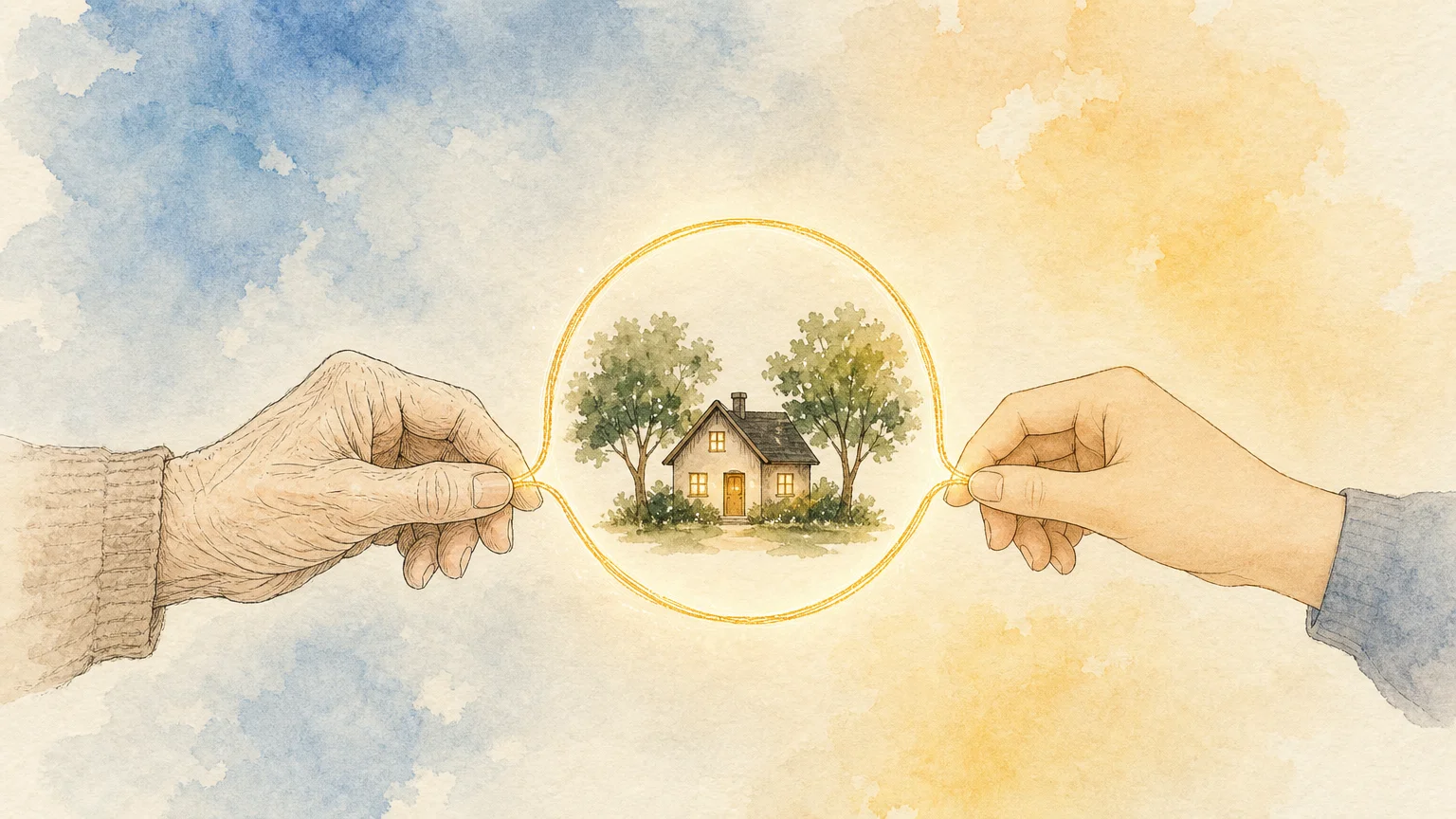 An elegant watercolor illustration of an older and younger hand holding a glowing golden loop containing a small house.