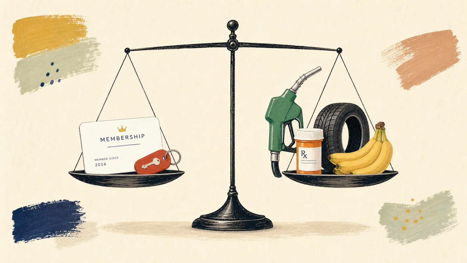 An illustration of a balance scale showing a membership card weighing equally with savings on gas, medicine, tires, and food.