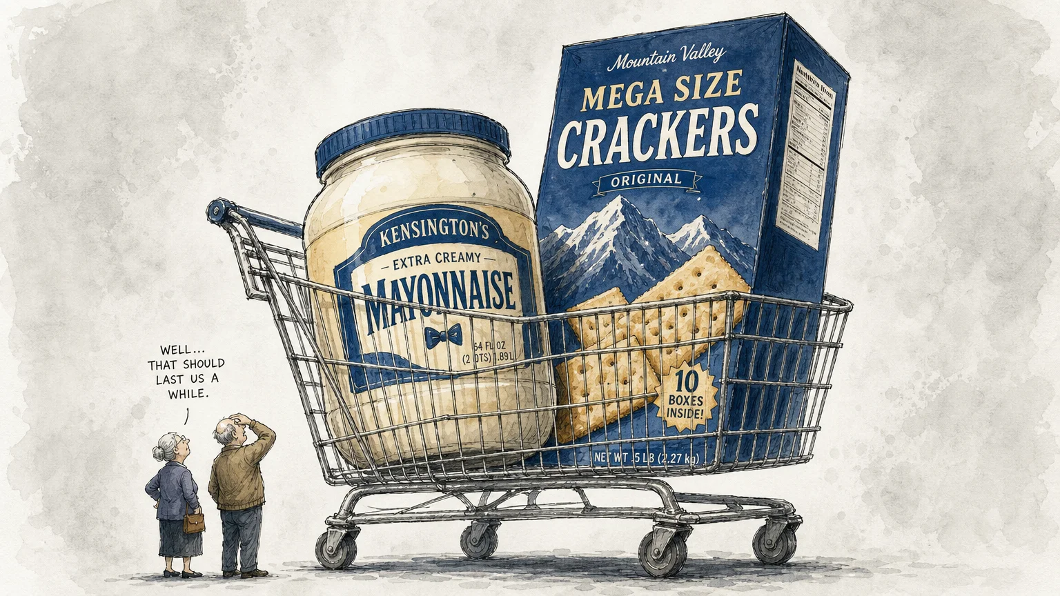 An illustration of a giant shopping cart holding an oversized jar of mayonnaise, symbolizing the mistake of overbuying in bulk.