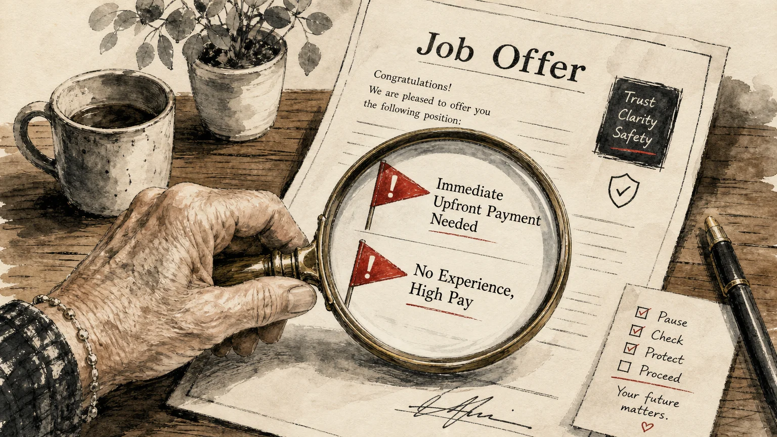 An illustration of a magnifying glass highlighting warning flags on a sketchy job offer document.
