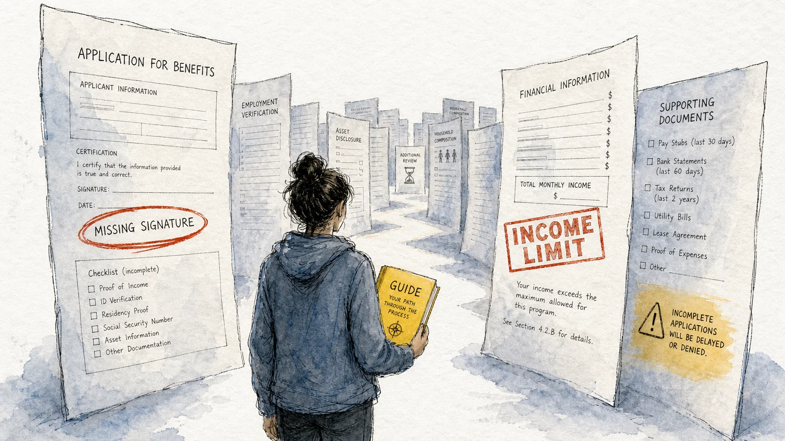 An illustration of a person navigating a maze of paperwork, highlighting common application pitfalls like missing signatures.