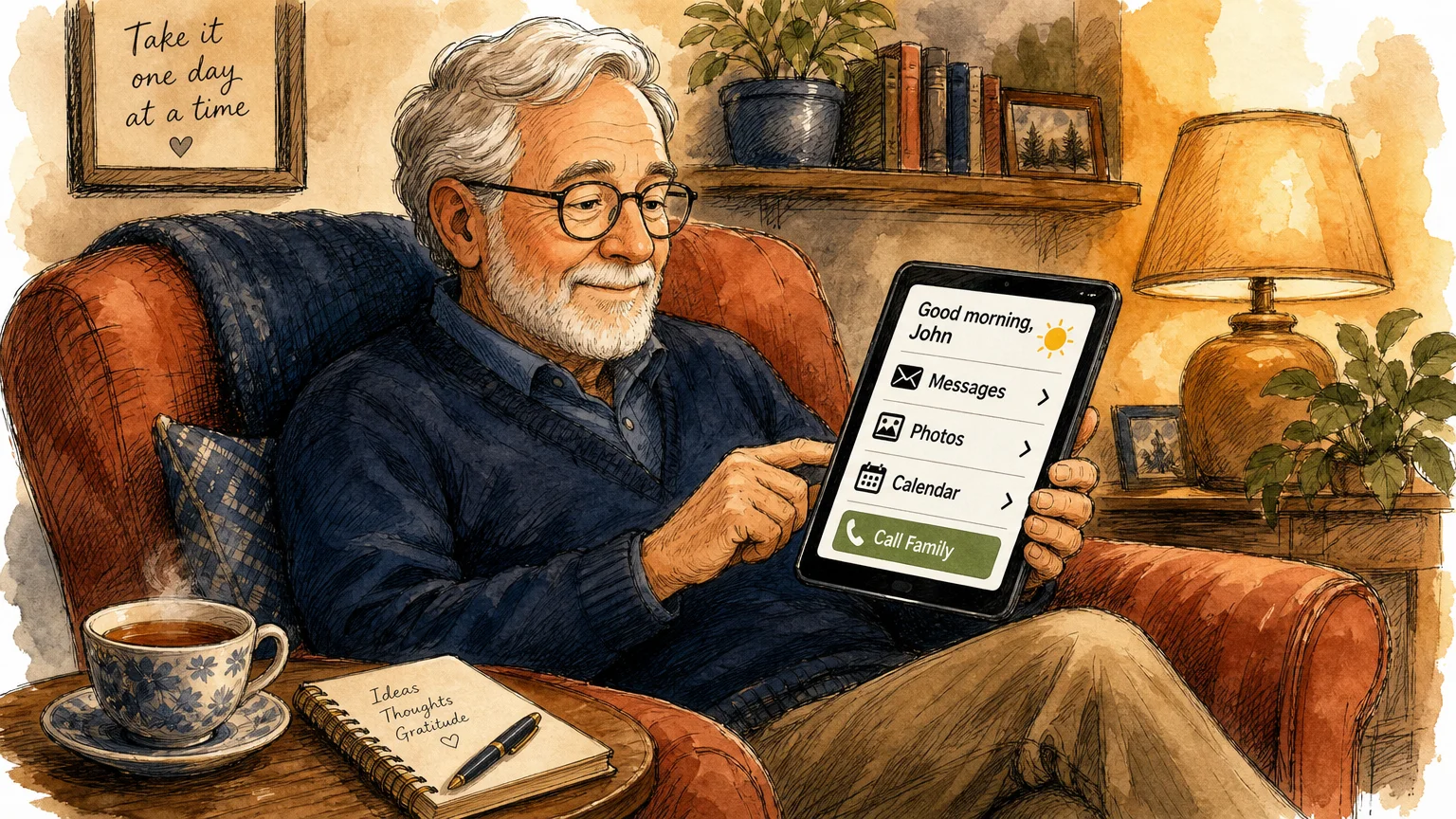 An illustration of an older man comfortably using a tablet with large text in a cozy living room chair.
