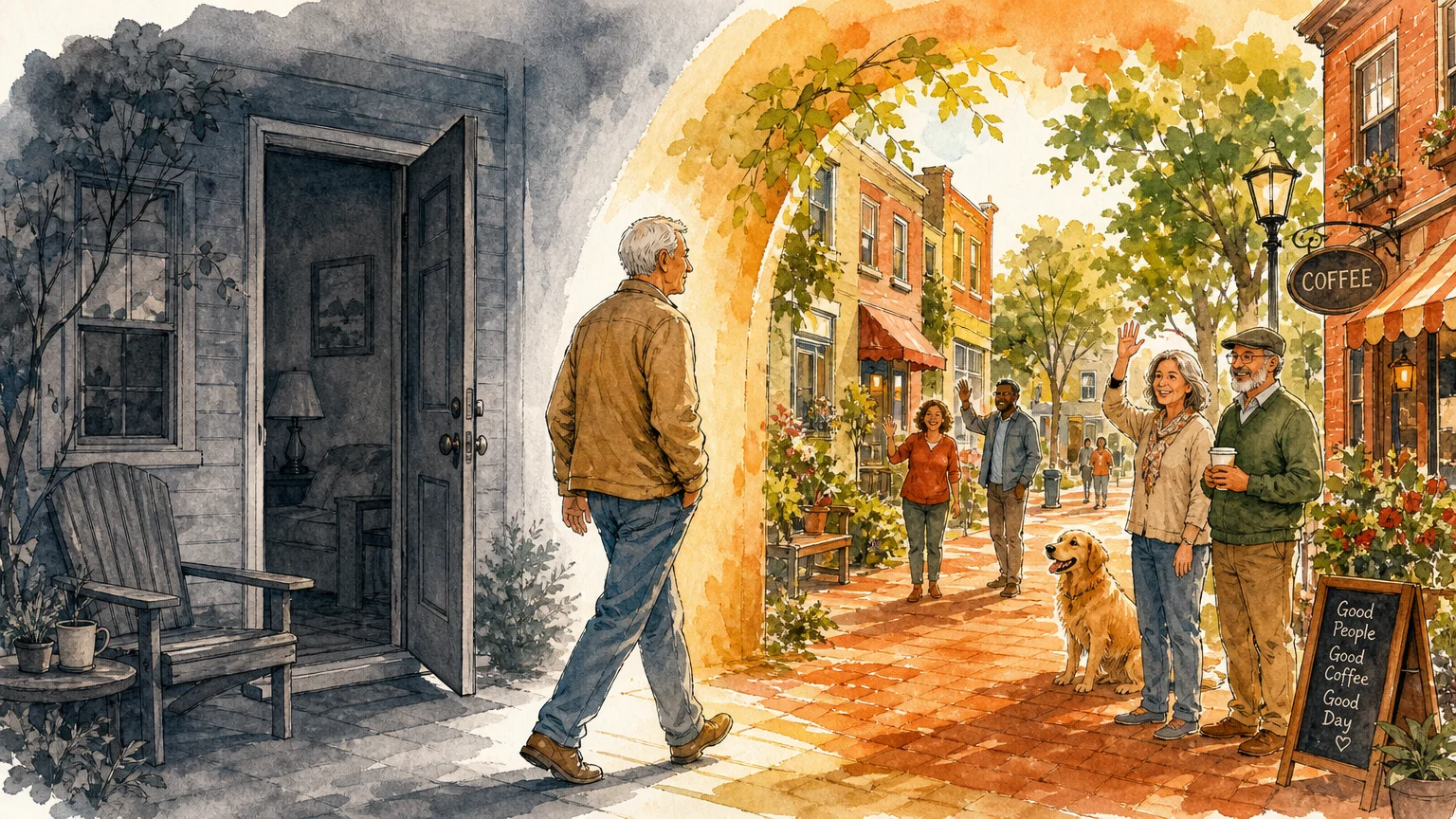 An illustration of an older man walking from a grey, quiet house into a vibrant, colorful, and social neighborhood street.