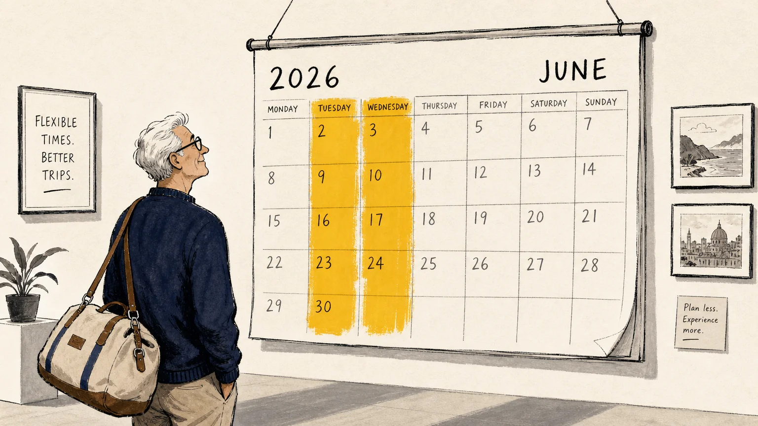 An illustration of an older traveler looking at a giant calendar where Tuesdays and Wednesdays are highlighted in bright yellow.