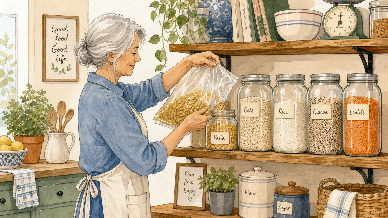 An illustration of an older woman sorting bulk dry food into smaller, neatly labeled glass jars in her home pantry.