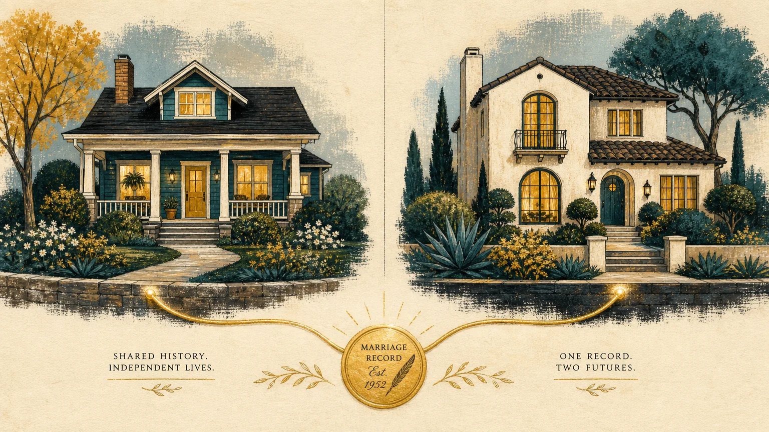An illustration of two separate houses side-by-side, connected at the foundation by a delicate, symbolic golden thread.