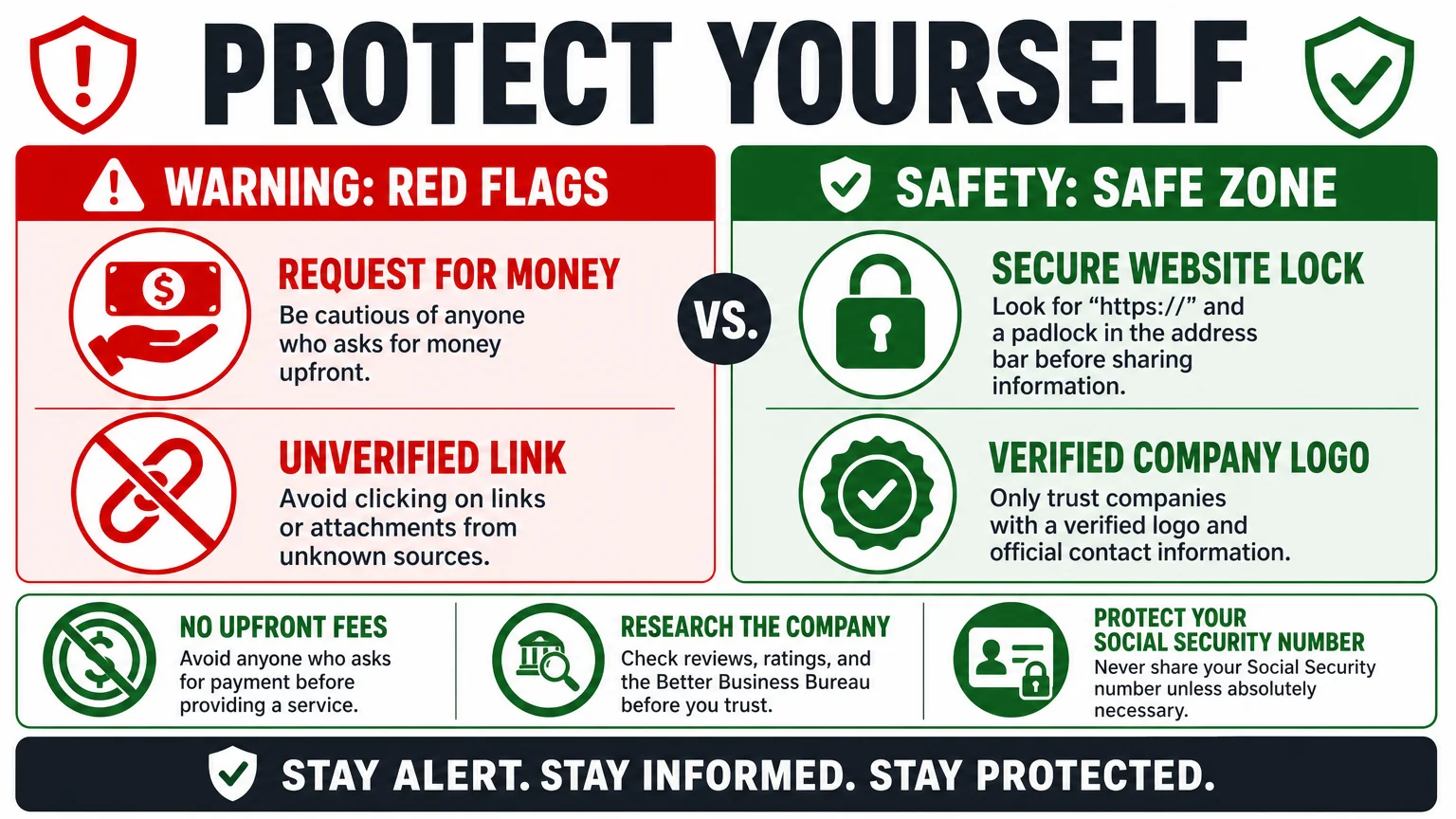 An infographic showing 'Red Flags' like upfront fees and 'Safe Zone' tips for avoiding work-from-home scams.