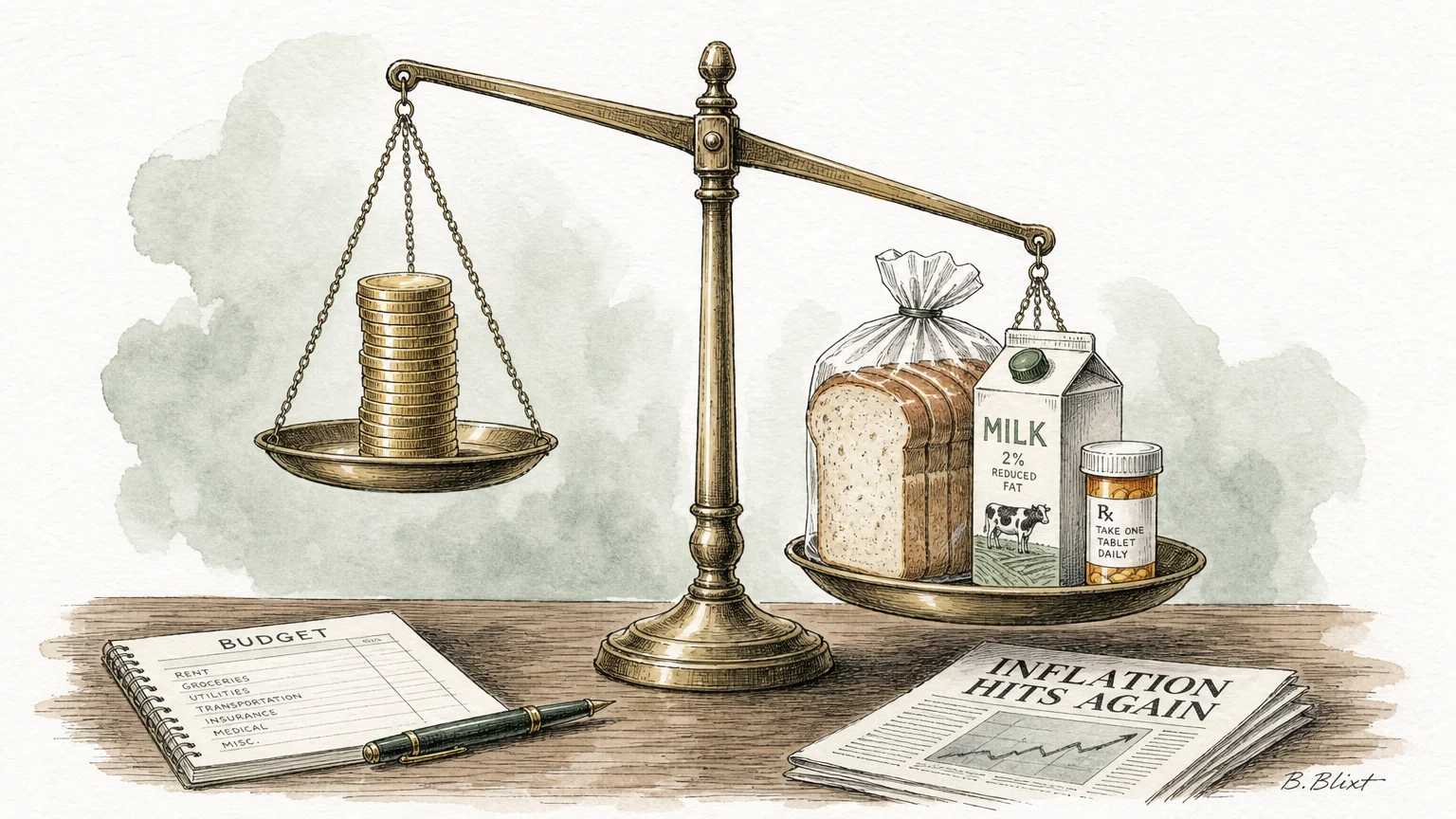 An ink and watercolor drawing of a balance scale showing grocery items weighing heavier than a static stack of gold coins.