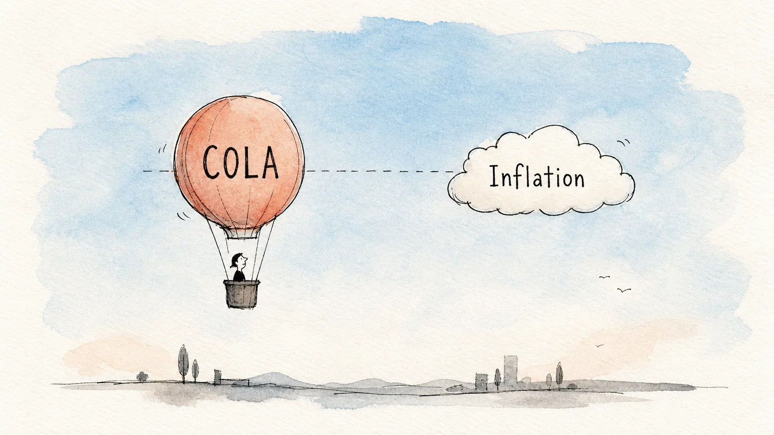 An ink and watercolor illustration of a COLA balloon rising to match the height of an inflation cloud.