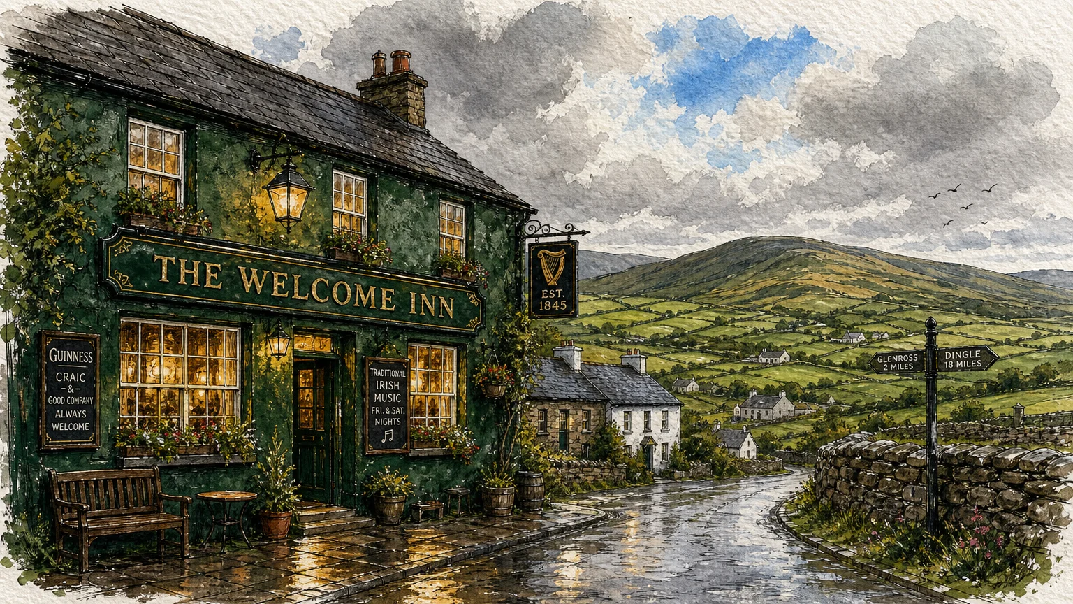 An ink and watercolor illustration of a cozy green Irish pub nestled in a lush green countryside under an overcast sky.