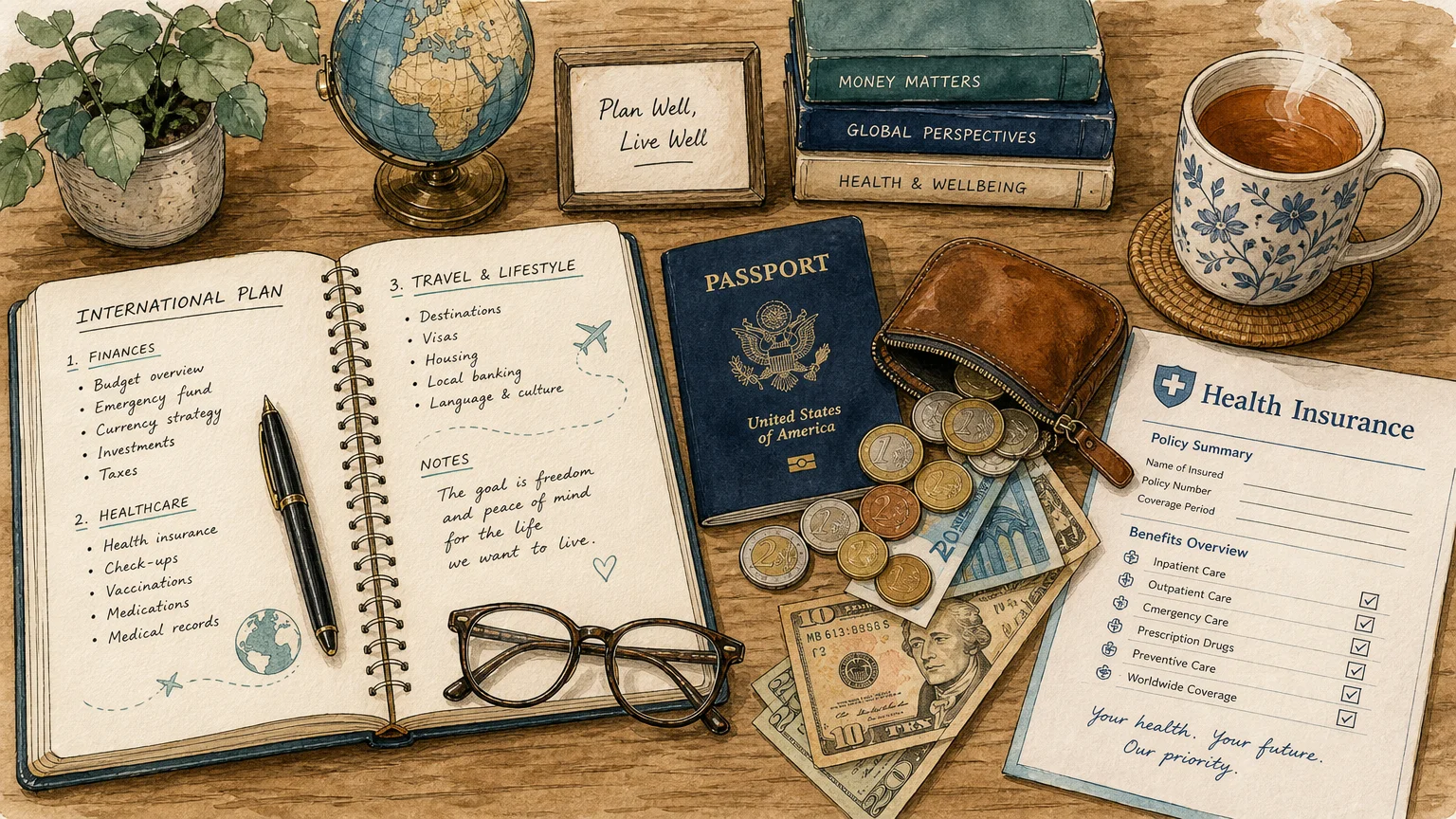 An ink and watercolor illustration of a desk with a passport, foreign coins, and health insurance documents.