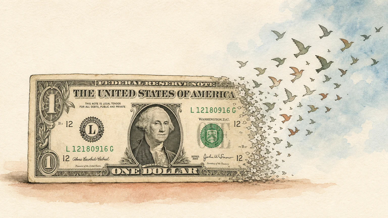 An ink and watercolor illustration of a dollar bill with its edge turning into birds, symbolizing the loss of purchasing power.
