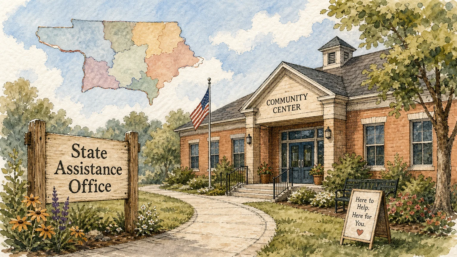 An ink and watercolor illustration of a friendly local community center with a signpost reading 'State Assistance Office' under a soft sky.