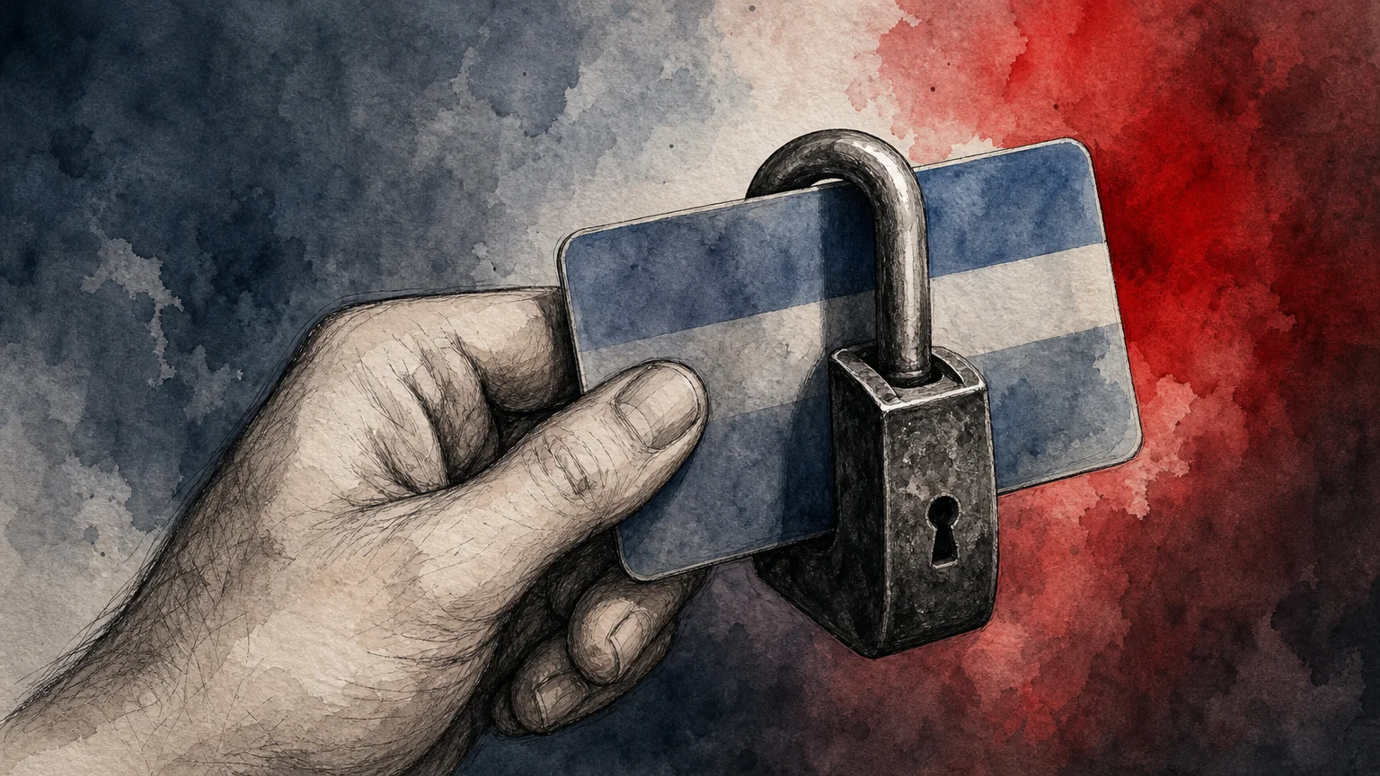An ink and watercolor illustration of a hand holding a gift card with a heavy iron padlock clamped shut around it.