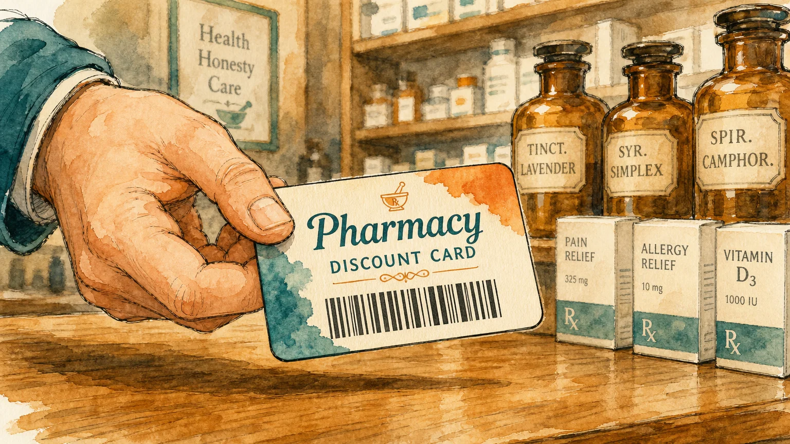 An ink and watercolor illustration of a hand presenting a pharmacy discount card over a wooden counter with apothecary bottles behind it.
