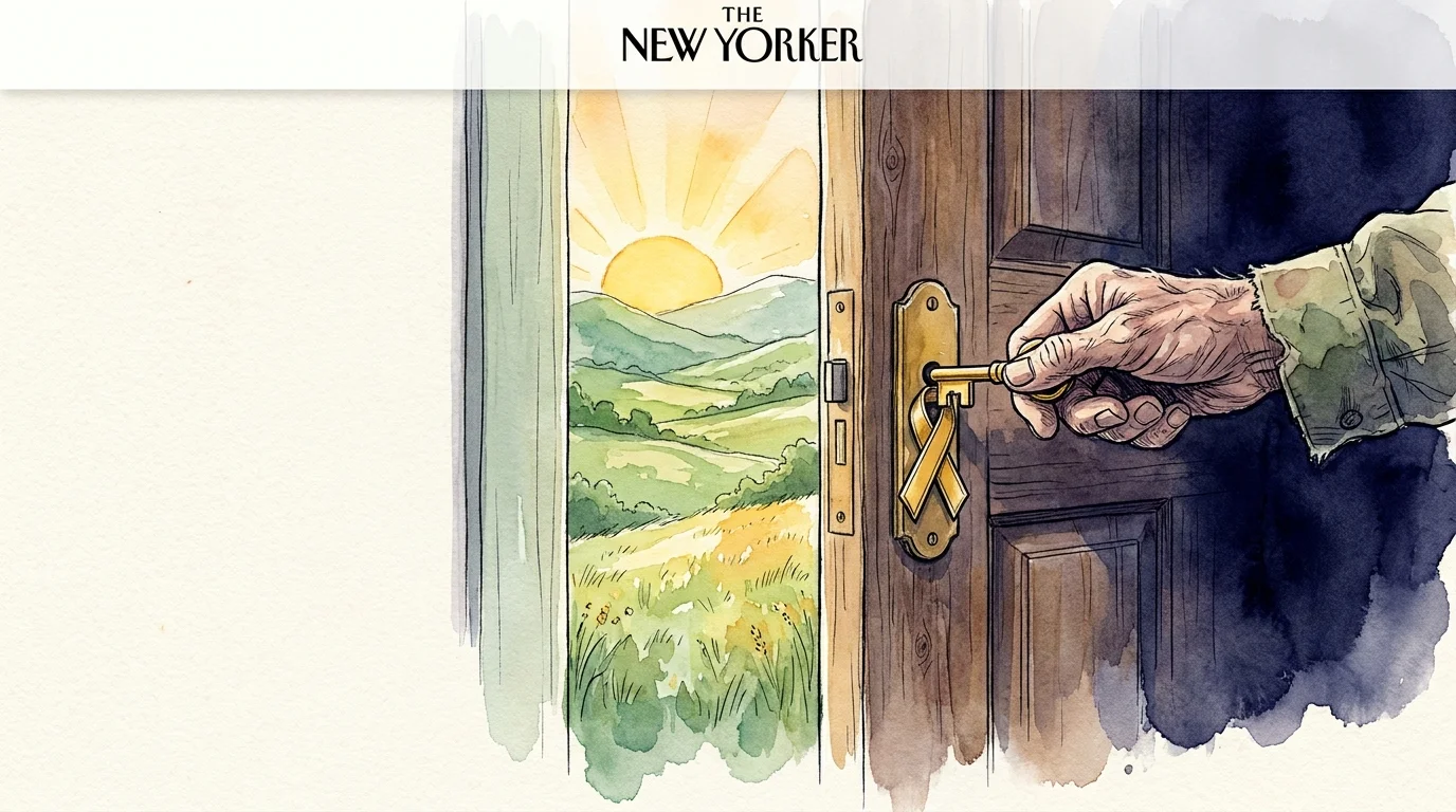 An ink and watercolor illustration of a hand unlocking a door with a ribbon-shaped key, revealing a bright landscape.