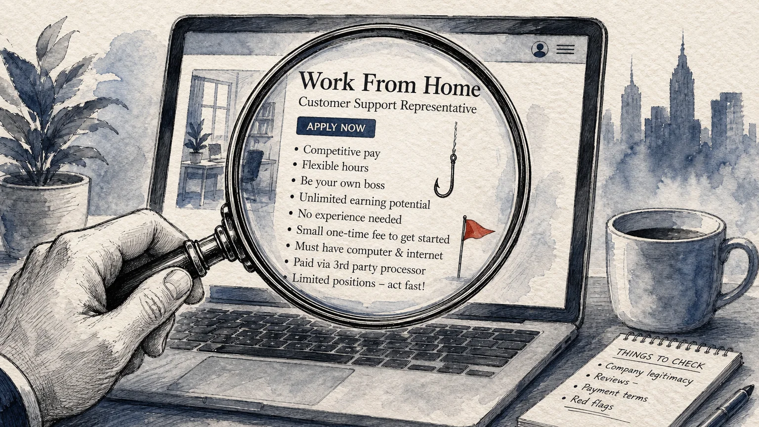 An ink and watercolor illustration of a magnifying glass scanning an online job posting to reveal hidden warning flags.