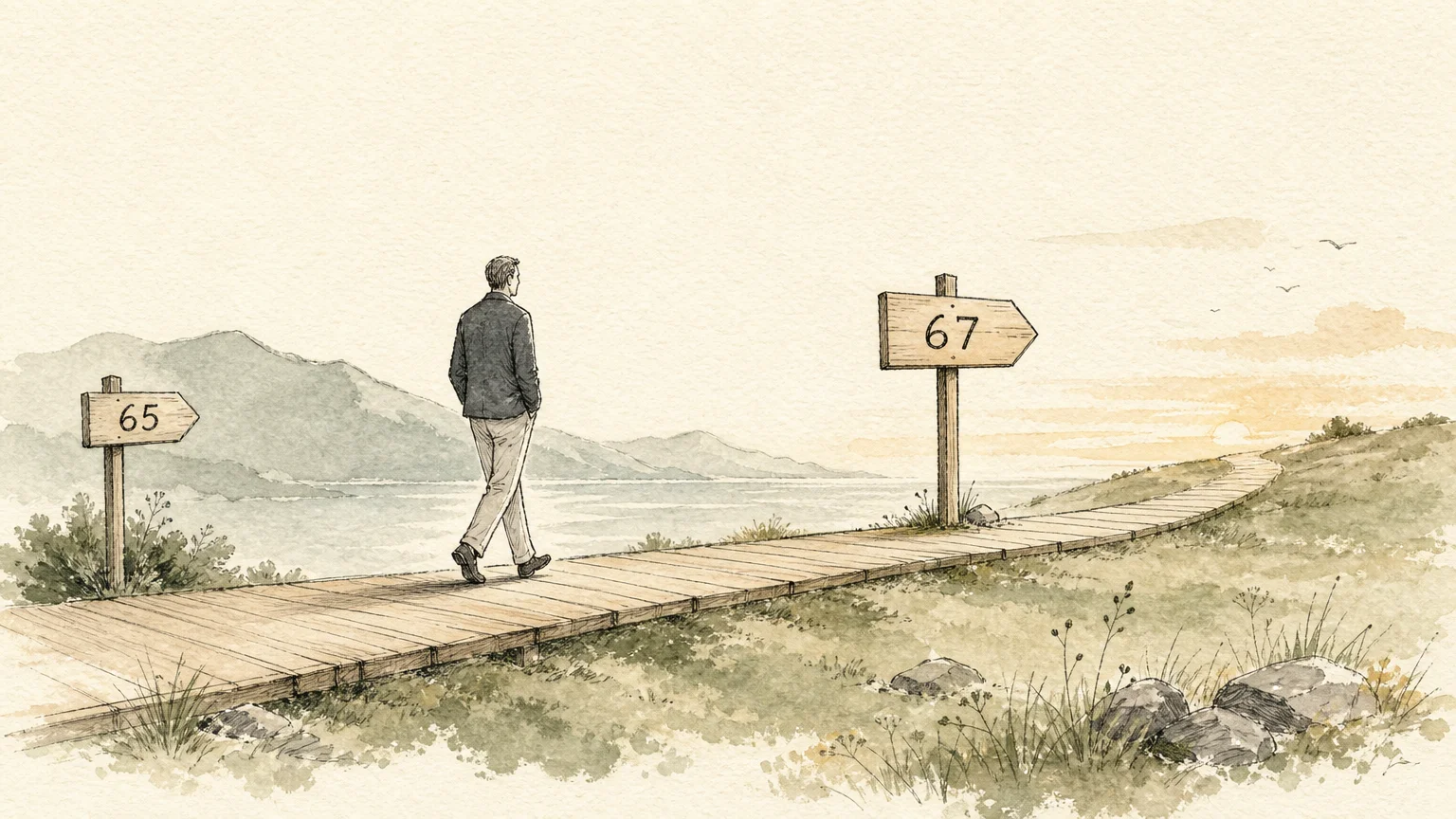 An ink and watercolor illustration of a path with signposts marking the transition of retirement age milestones from 65 to 67.