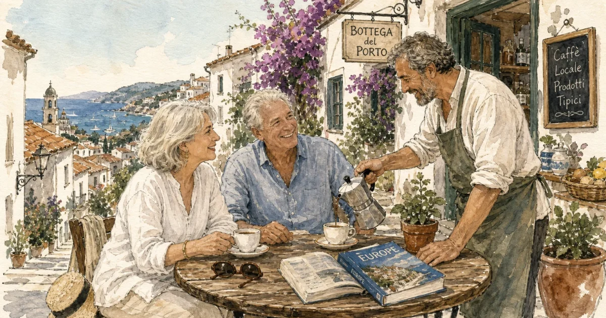 An ink and watercolor illustration of a retired couple chatting with a local at a coastal European cafe, enjoying a sunny morning.
