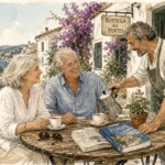 An ink and watercolor illustration of a retired couple chatting with a local at a coastal European cafe, enjoying a sunny morning.