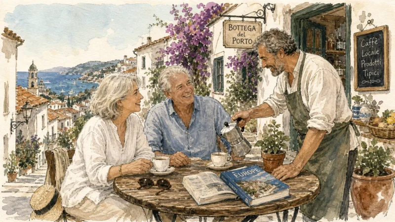 An ink and watercolor illustration of a retired couple chatting with a local at a coastal European cafe, enjoying a sunny morning.