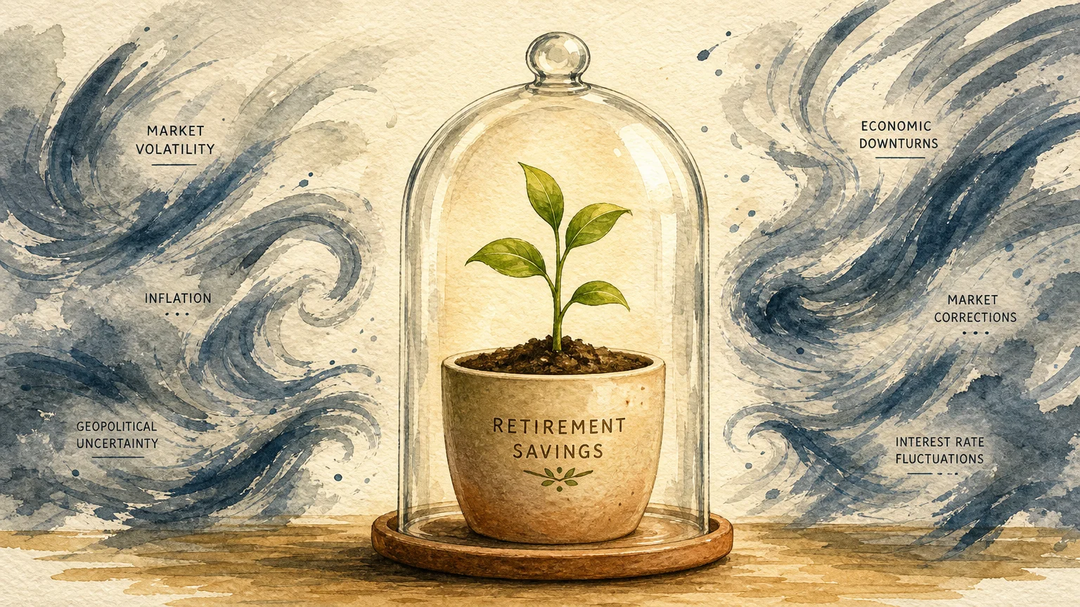 An ink and watercolor illustration of a small green plant protected inside a glass dome from swirling winds outside.