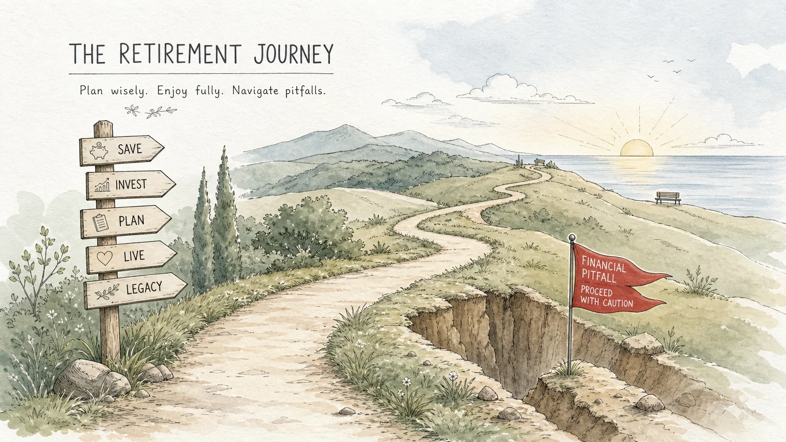 An ink and watercolor illustration of a winding path with a small red warning flag marking a potential dip in the ground.