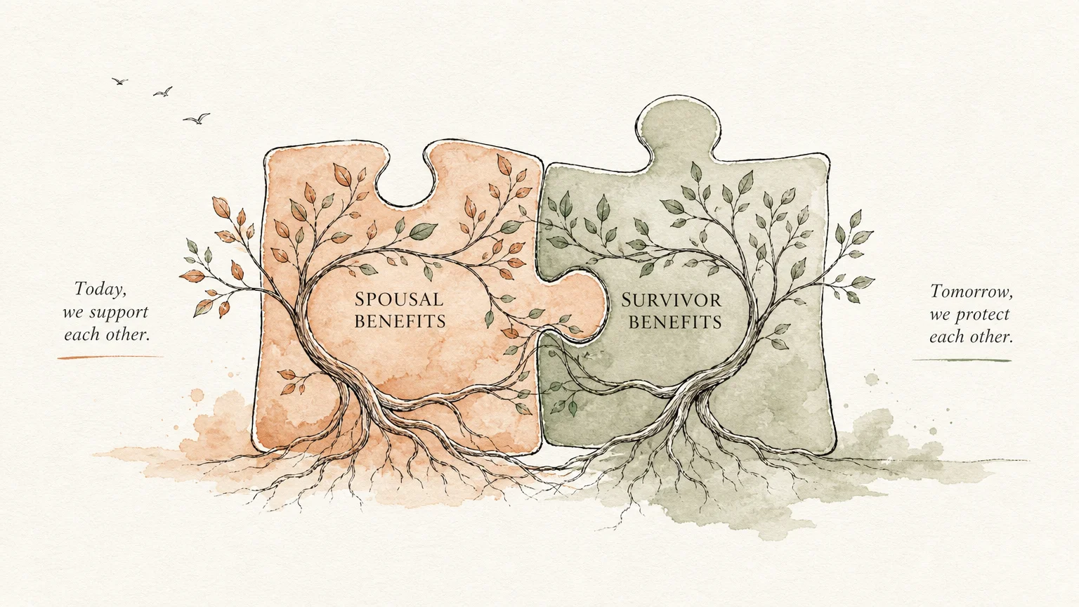 An ink and watercolor illustration of two interlocking puzzle pieces made of leafy branches.