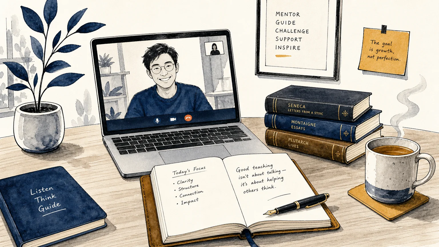 An ink and watercolor illustration showing a cozy home desk setup with a laptop showing a virtual teaching video call.