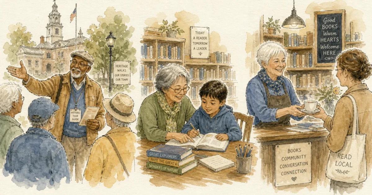 An ink and watercolor illustration showing three retirees in active, social roles: a tour guide, a tutor, and a bookshop clerk.
