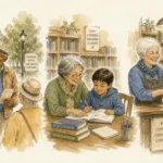 An ink and watercolor illustration showing three retirees in active, social roles: a tour guide, a tutor, and a bookshop clerk.