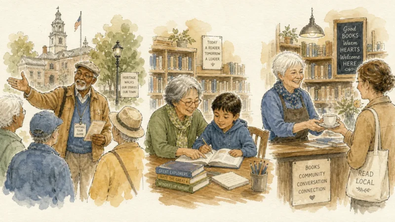 An ink and watercolor illustration showing three retirees in active, social roles: a tour guide, a tutor, and a bookshop clerk.