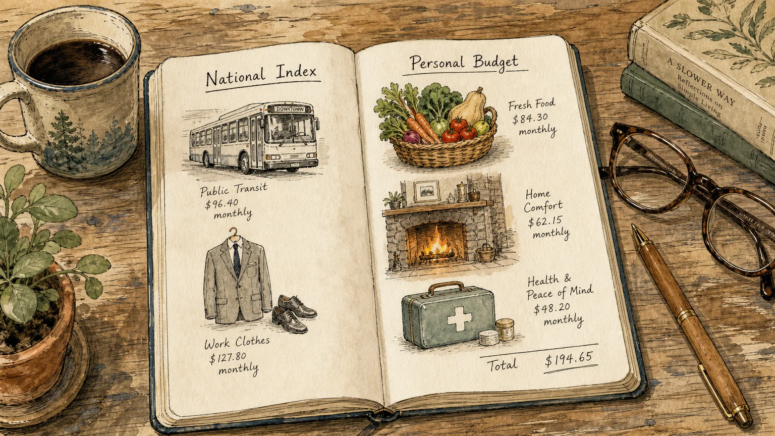 An ink and watercolor sketch of a notebook comparing generic national index items with personal, retiree-focused living expenses.