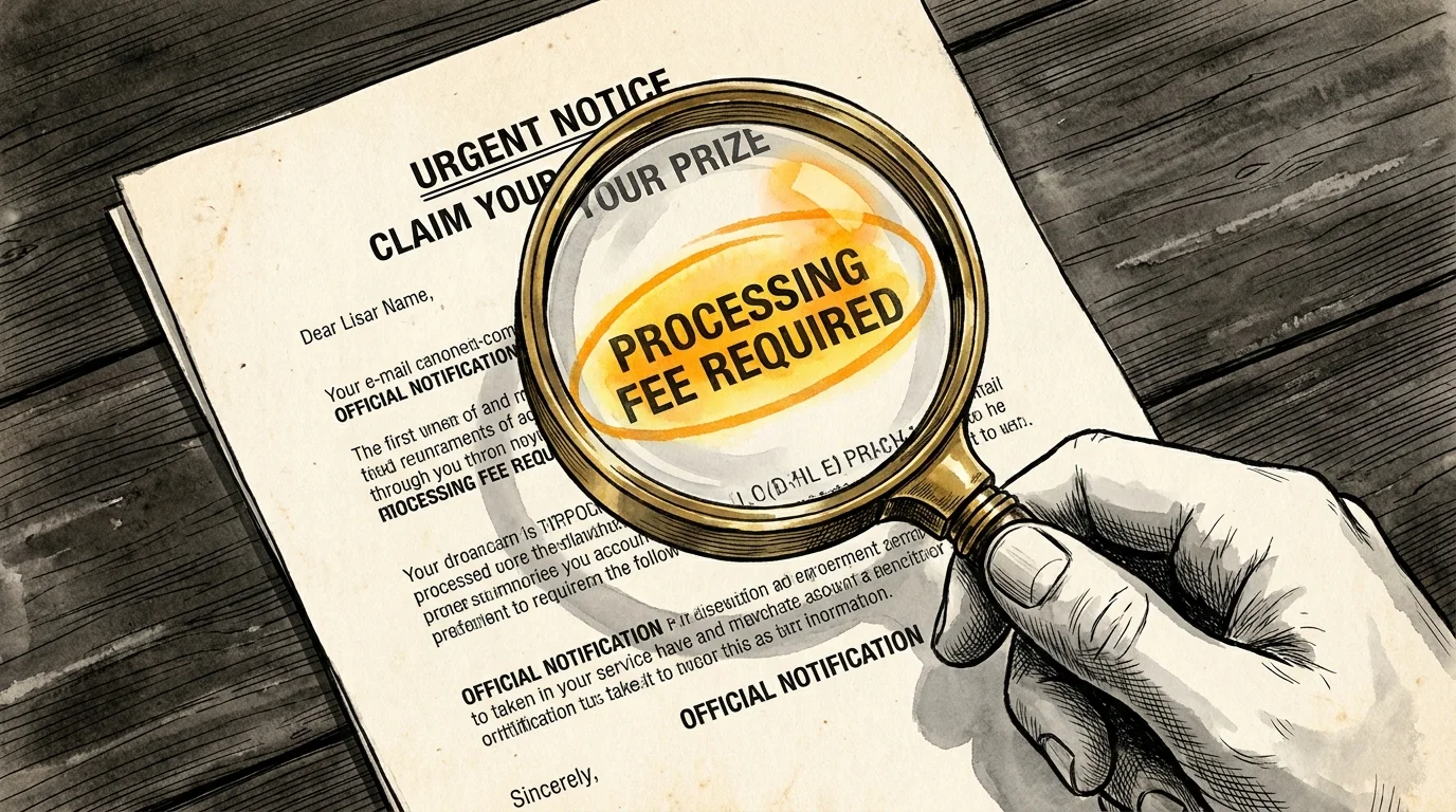 An ink illustration of a magnifying glass highlighting the phrase 'Processing Fee Required' on a document.