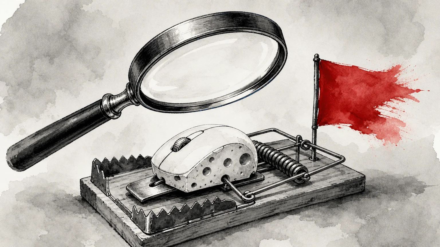 An ink illustration of a magnifying glass inspecting a trap, representing the need to watch for job scams.