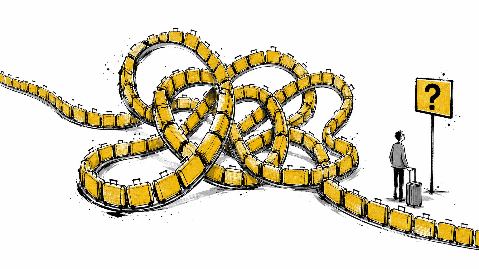 An ink illustration of a traveler facing a tangled maze of airport paths, symbolizing confusing terminal layouts.