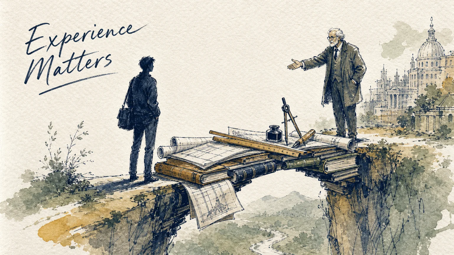 An ink illustration showing an older adult sharing knowledge across a bridge of blueprints, representing consulting.