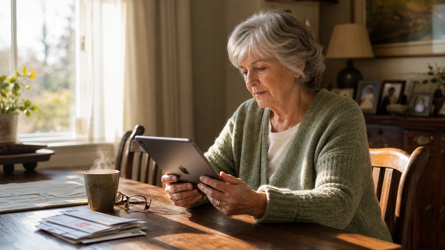 An older adult sits at a sunlit kitchen table looking thoughtfully at a tablet next to a warm mug of tea.
